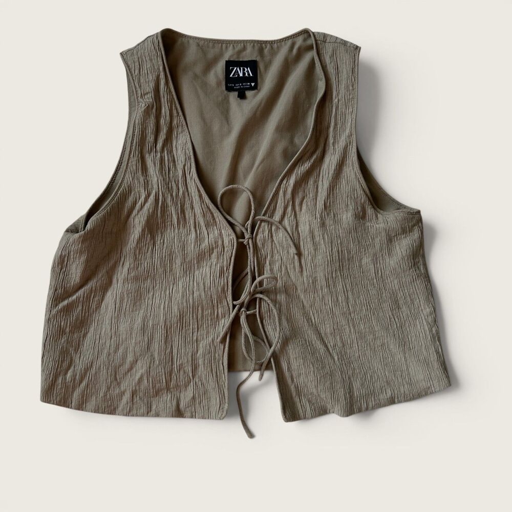 Zara Womens Taupe Tie Front Textured Vest Open Front Size S